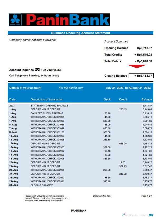 Download Panin Bank organization checking account statement Word and PDF template Photoshop template